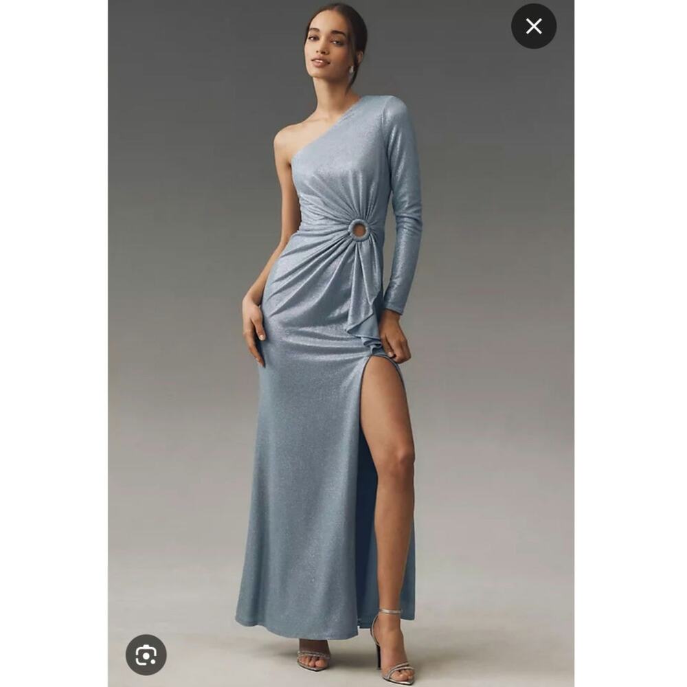 NWT Anthropologie Dress The Population Metallic Maxi Dress Gown One Shoulder